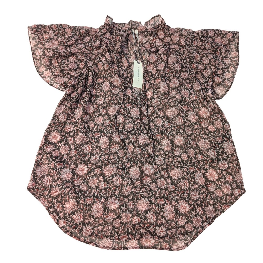 Anthropologie Flutter Sleeve Floral Ruffle Neck Blouse Black Motif XS NEW